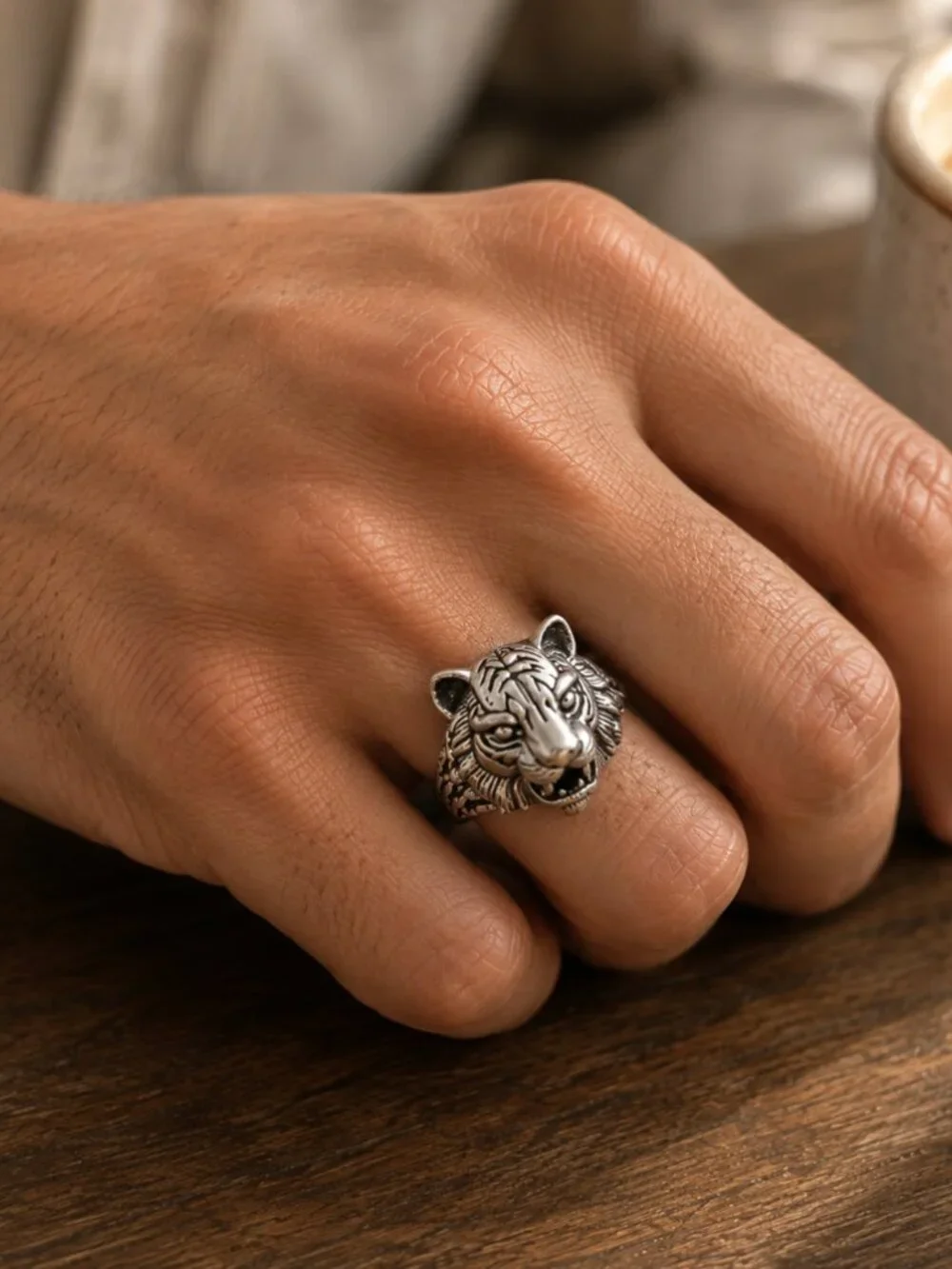 925 Sterling Silver Tiger Ring Mens Cool Chunky Ring Bold Thick Ring Unisex